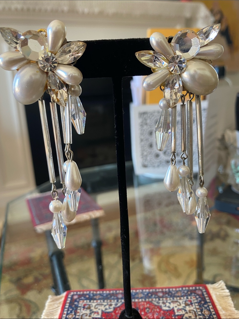 Pearl & Crystal Floral Dangle Earrings - Silver Tone